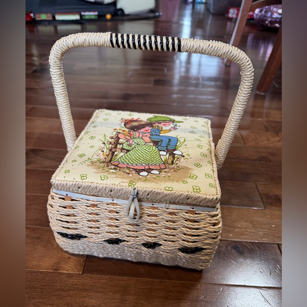Vintage Eaton Wicker Sewing Basket with Handle Made in Japan